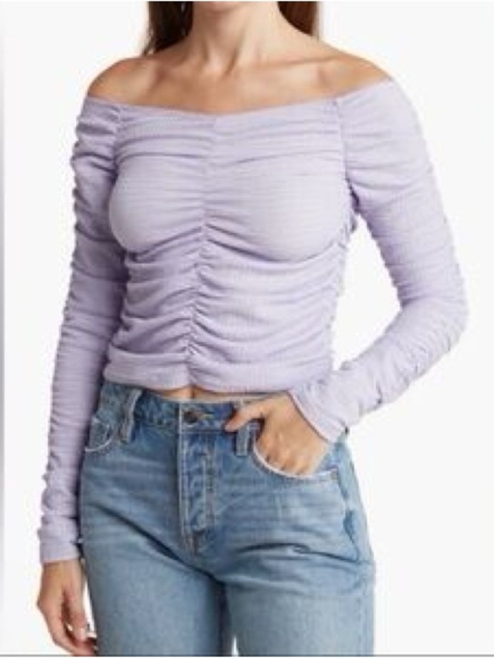 Elodie Ruched Off-the-Shoulder Crop Top in lavender/ NWT / S / 16-18-Ptp